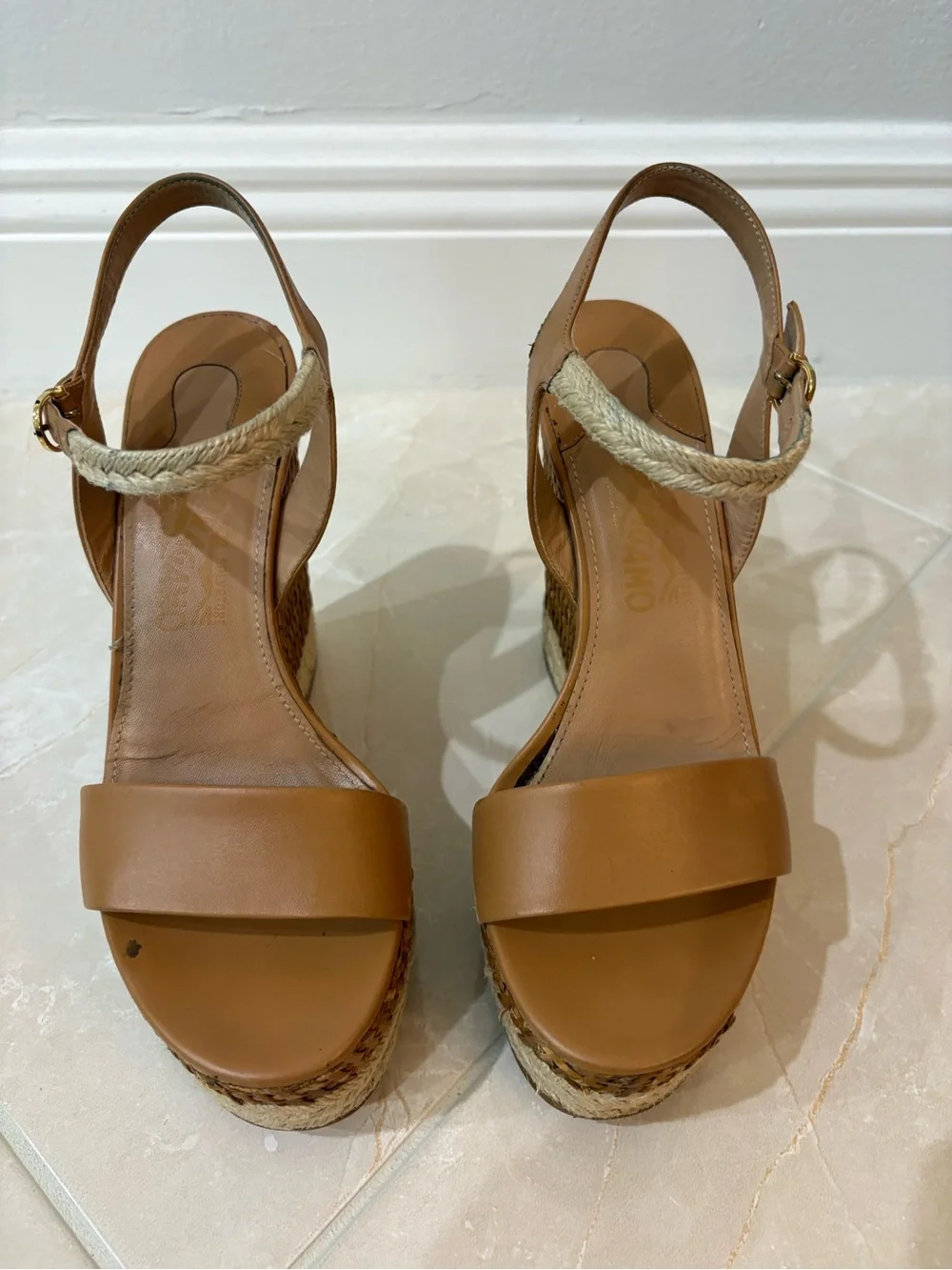 Salvatore Ferragamo Marlene Tan Leather & Wicker Espadrille Wedge Sandals (size